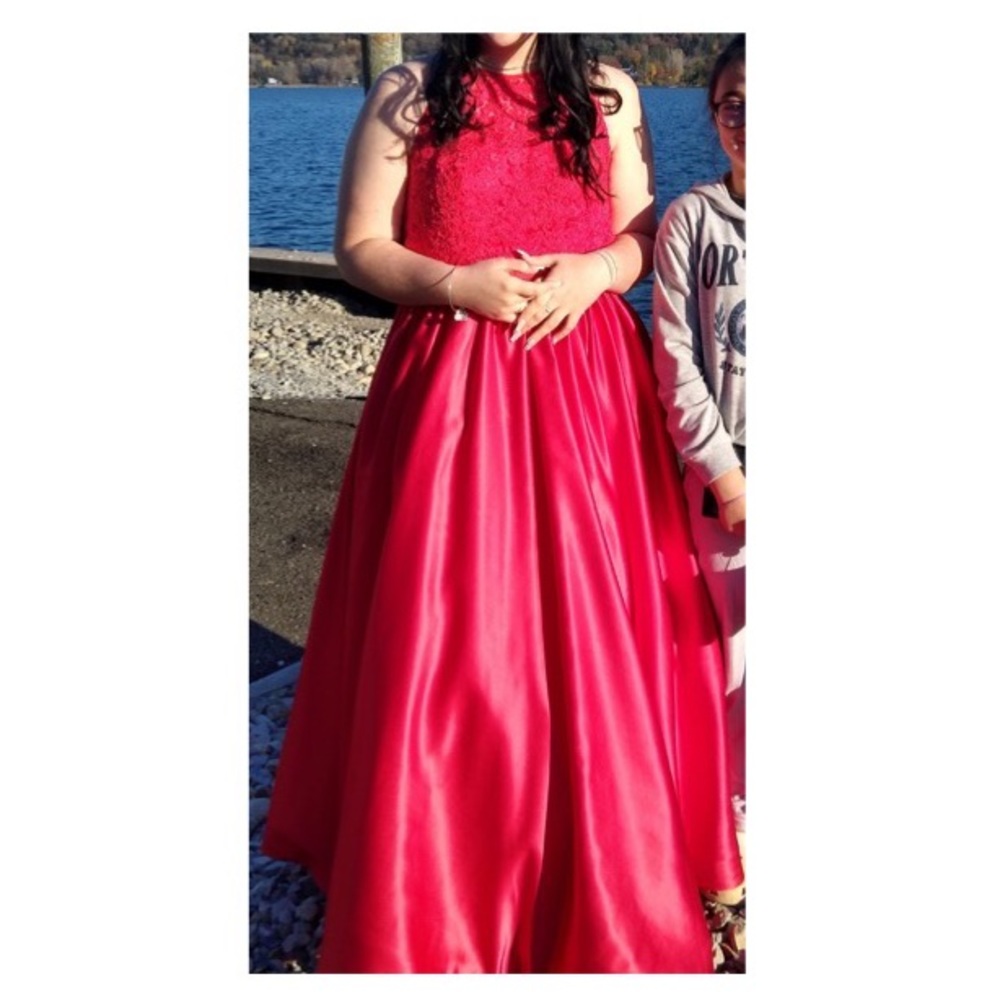 red prom dress size 11 with custom mask made from dress.